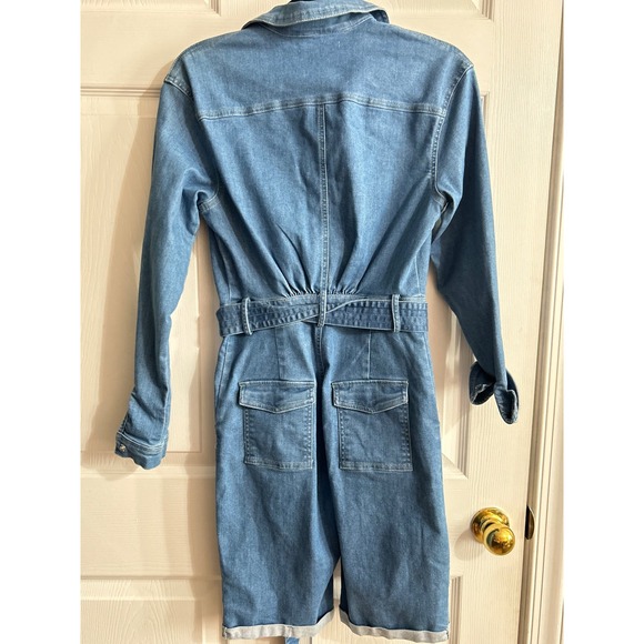 MEBON Denim Utility Jumpsuit Shorts Set Belted Zip Front Short Sleeve Women's M - Picture 12 of 12